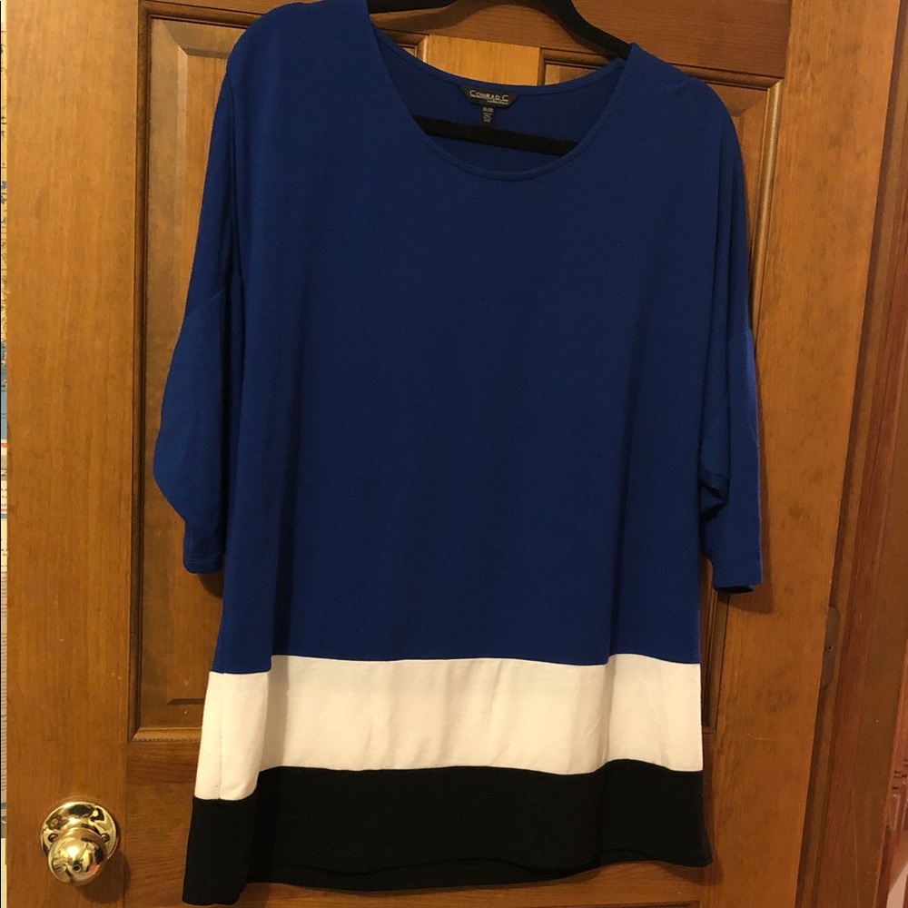 Conrad C Collection Blue, Black & White Colorblock Short Dolman-Sleeve Top
